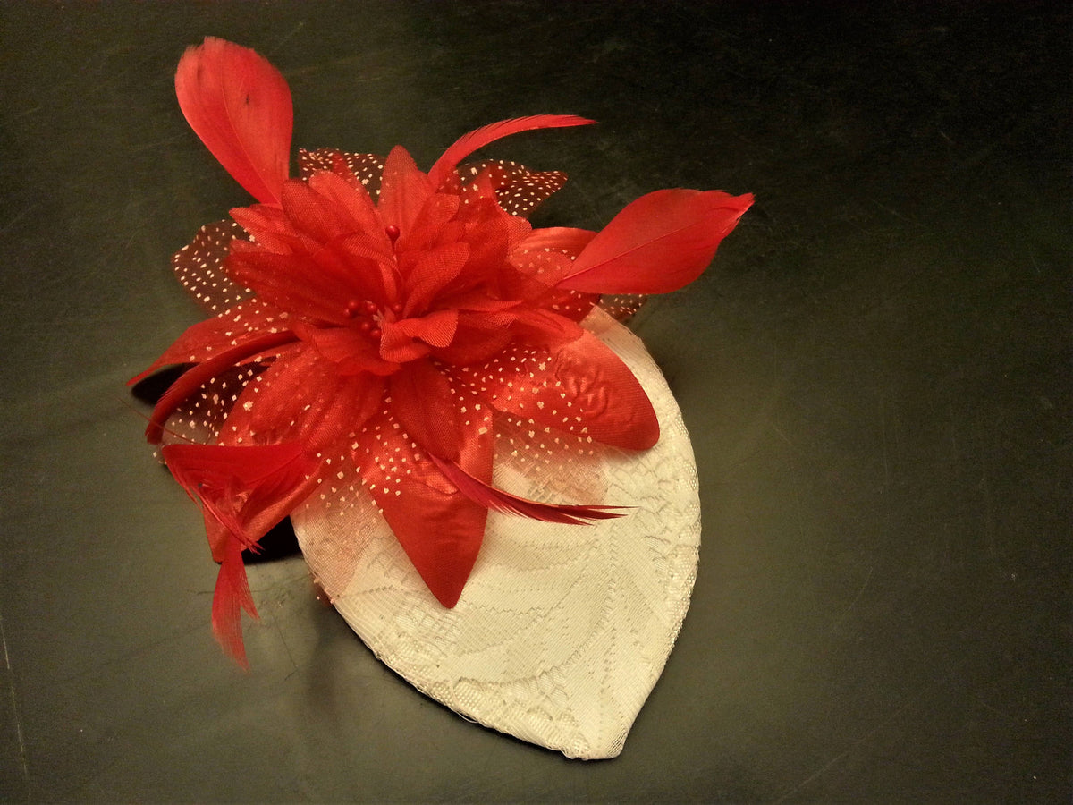 Lace Teardrop Fascinator Hat, Red Feather Flower, Wedding Headpiece