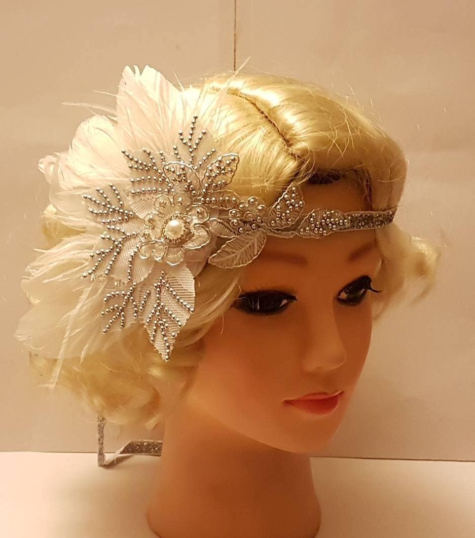 Gatsby Headband 1920s Flapper Headpiece Bridal wedding fascinator Silver or Gold Beaded Gatsby Feather Headpiece sparkly boho hairpiece