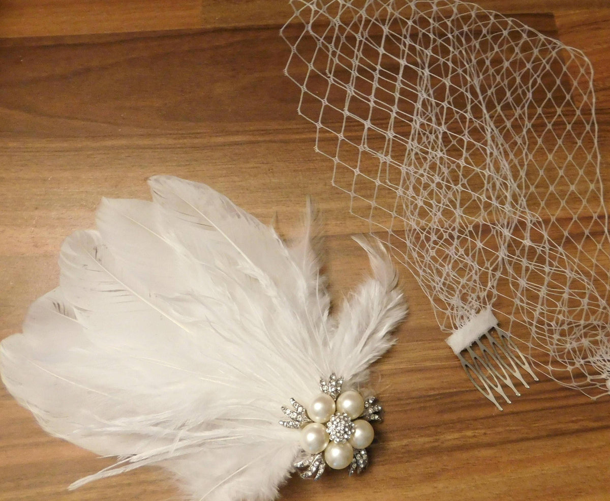 Birdcage veil, White,Ivory,Black bridal FEATHER fascinator,Crystal Pearl Blusher, Wedding hair accessory,face veil 1920s Gatsby fascinator