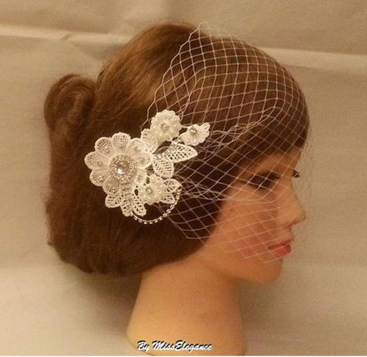 Birdcage Veil Bridal Blusher 1920s Boho Gatsby Wedding Floral Crystal 1920s headpiece