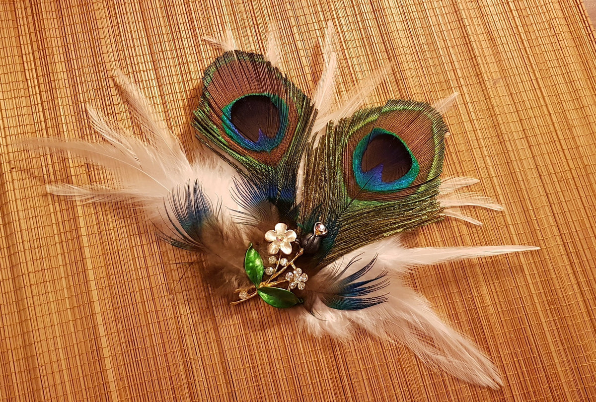 Peacock Feather Bridal Fascinator, Rhinestone Hair Clip