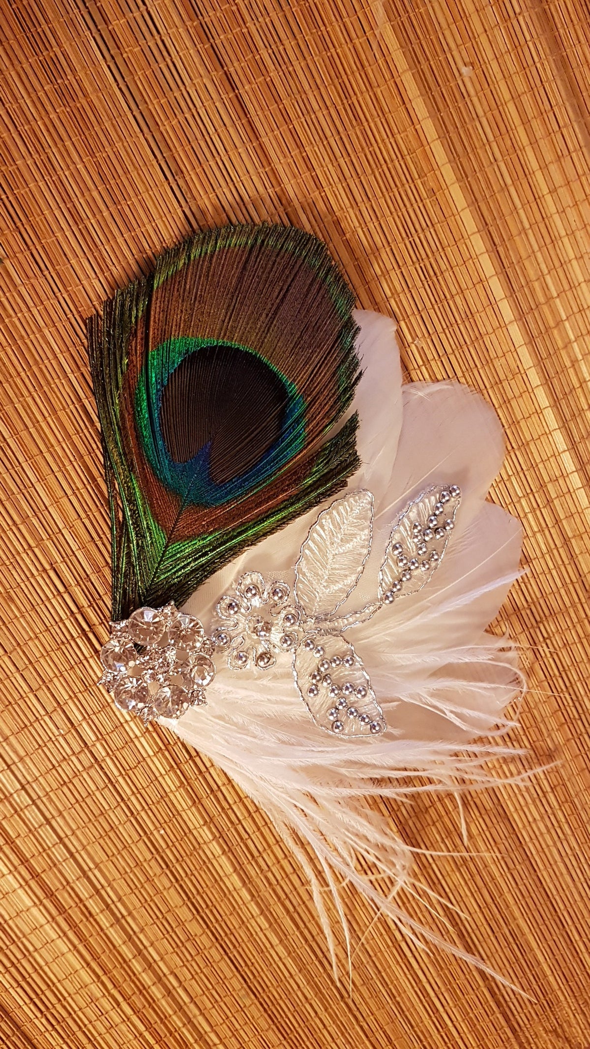Peacock Feather Fascinator, Bridal Hair Clip with Silver Motif and Rhinestone Jewel