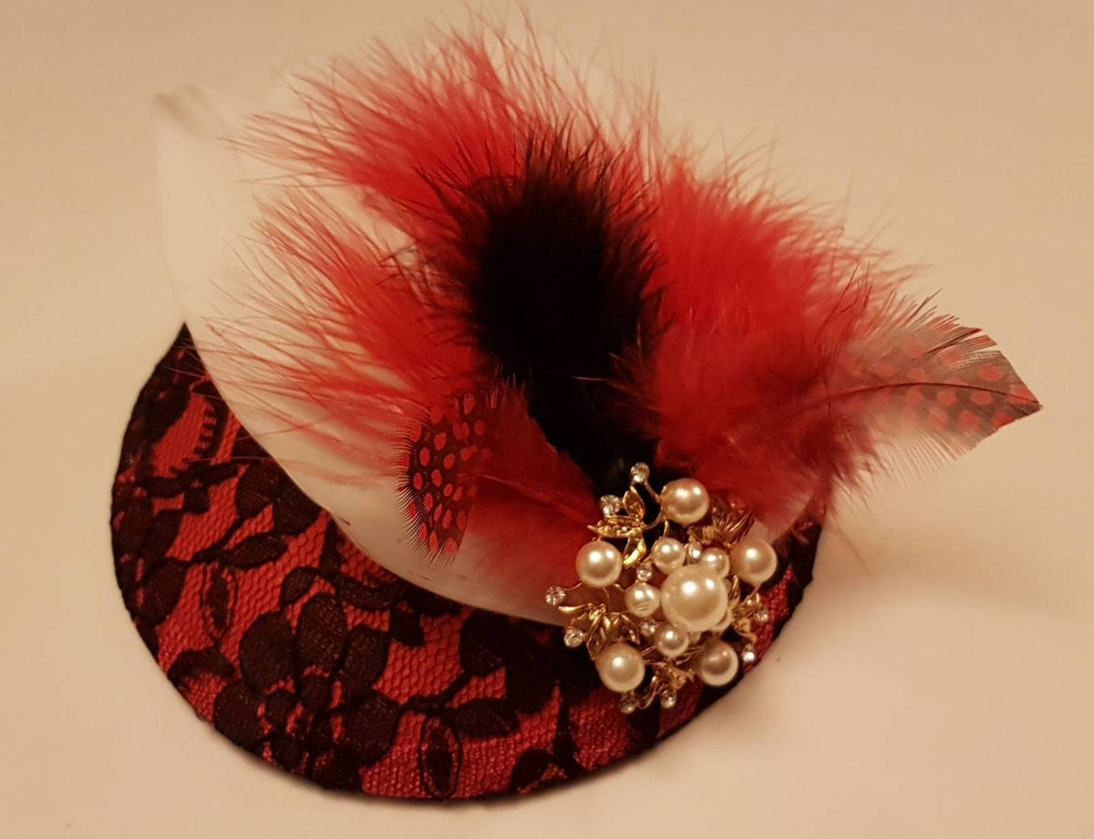 Red and Black Feather Fascinator, Wedding Headpiece, Cocktail Party Hat
