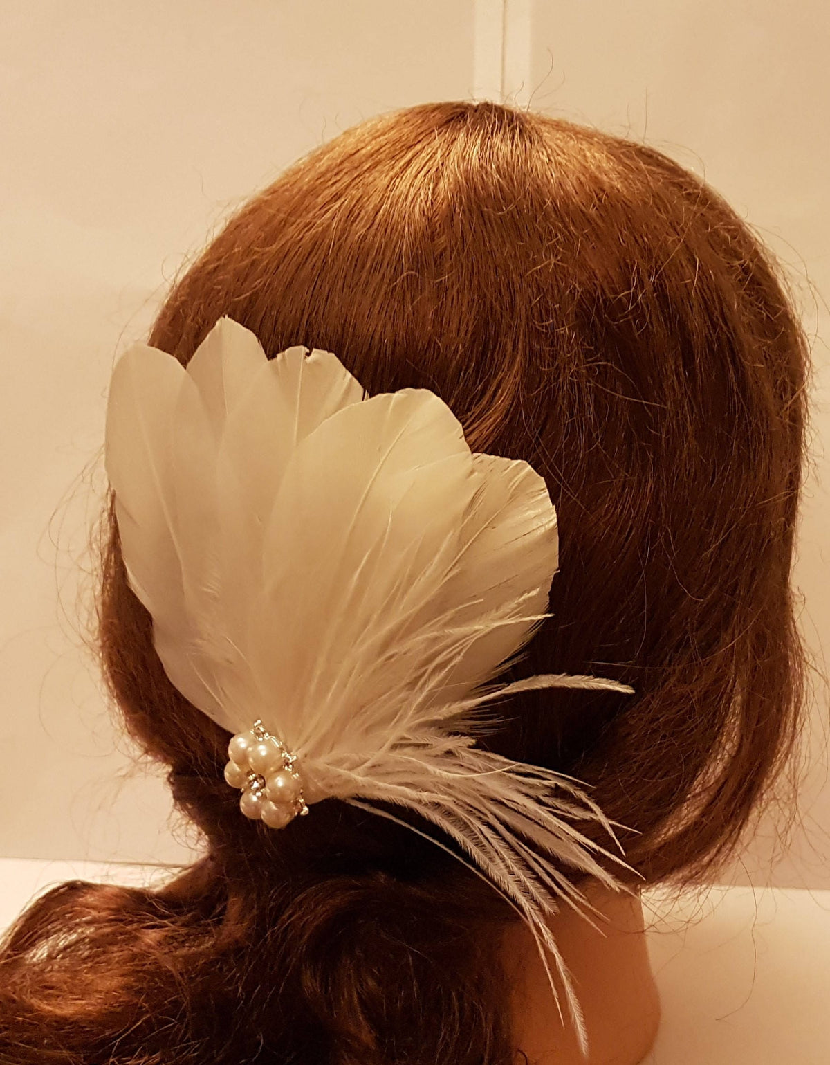 Bridal Feather Fascinator: Gold Tone Pearl Hair Clip