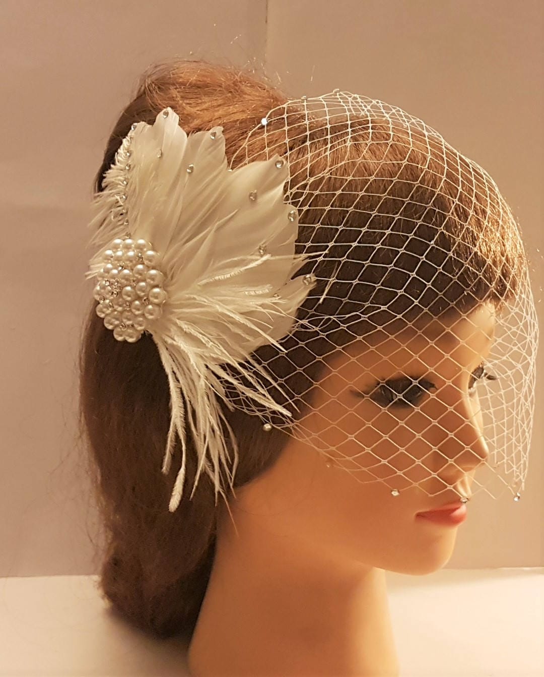 Birdcage veil & Feather fascinator. Gatsby fascinator,1920s wedding Bridal feather fascinator & veil, 2PC set feathe White ,Ivory and Black Fascinator & BirdcagVeil