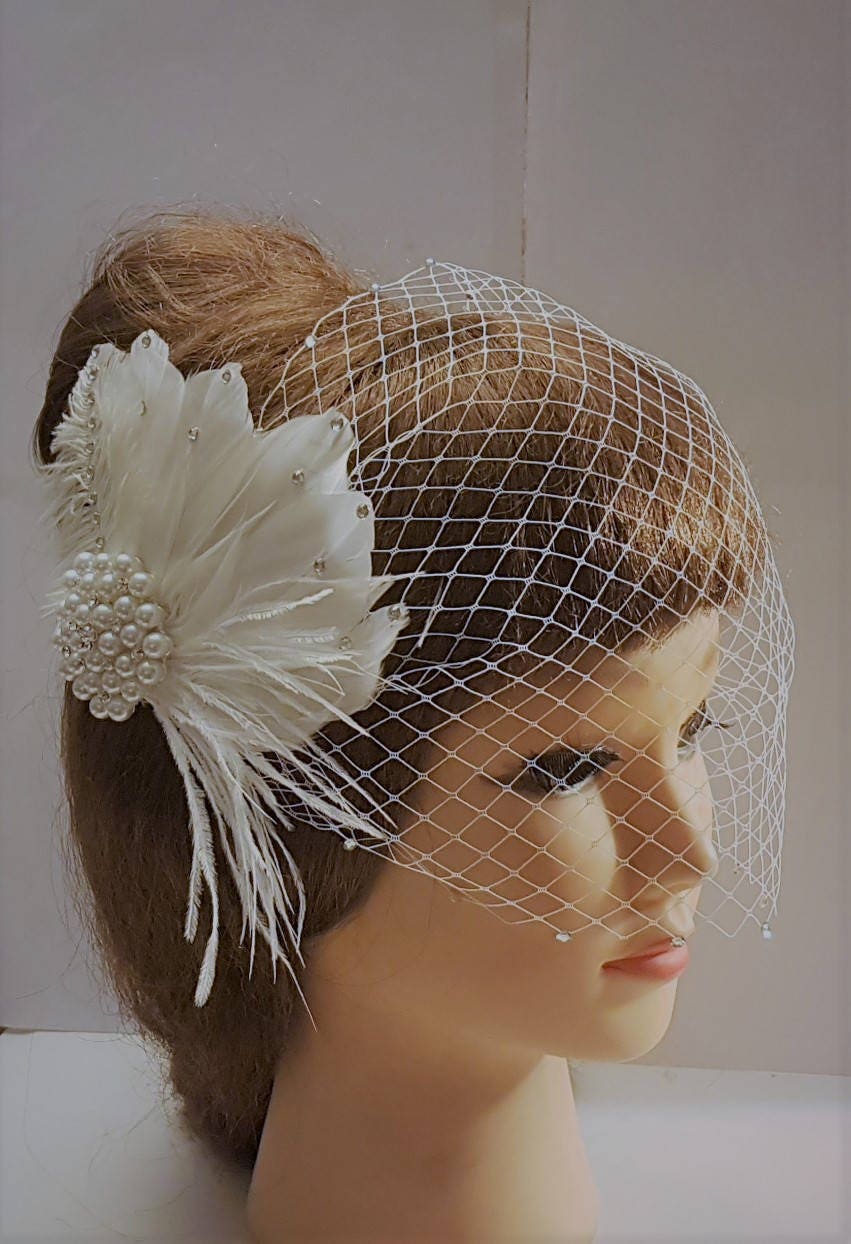 Birdcage veil, 1920s veil Gatsby wedding Bridal feather fascinator and face veil, 2PC set
