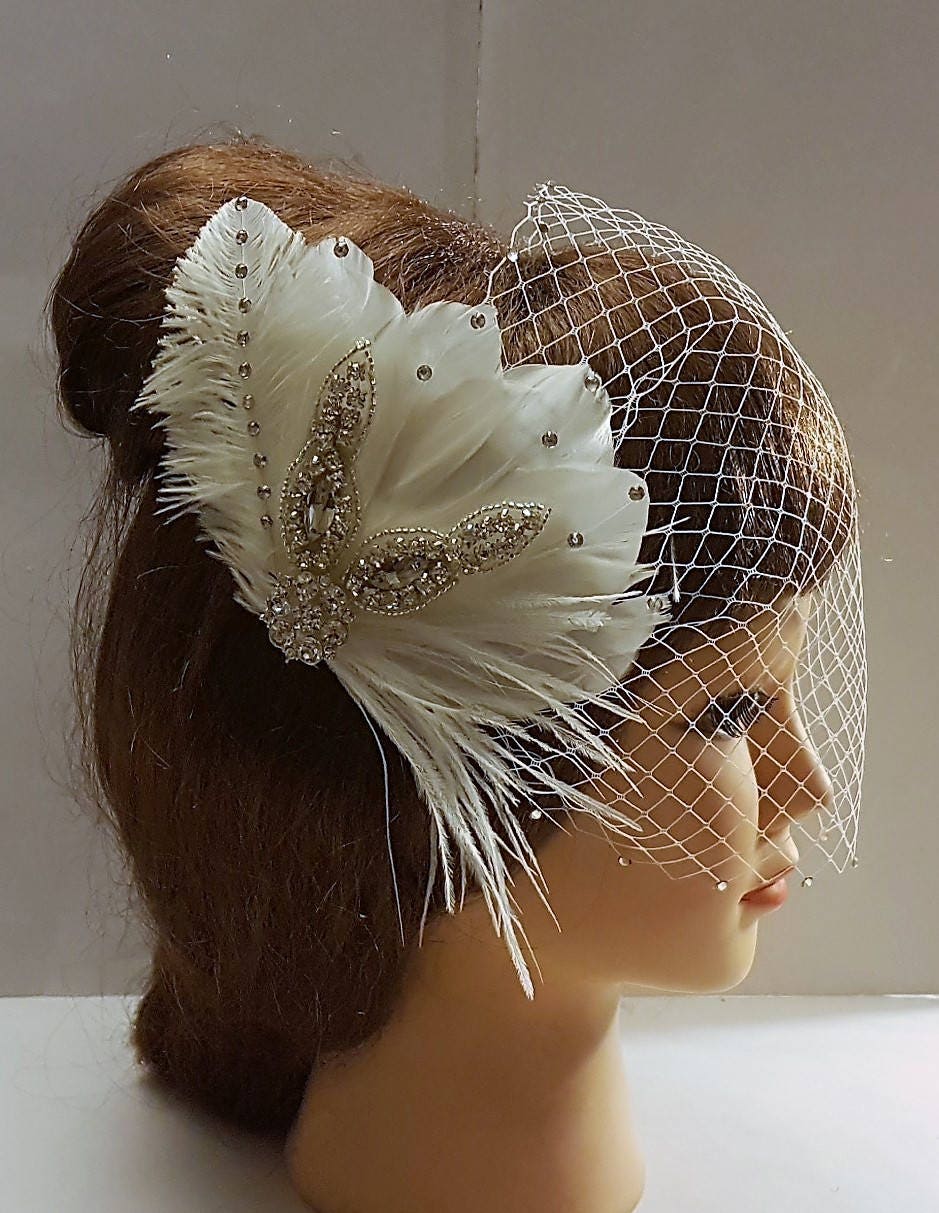 Birdcage veil, Bridal fascinator, Gatsby fascinator, 1920s wedding fascinator, White,Ivory 2 Pc Bridal feather fascinator & Birdcage veil