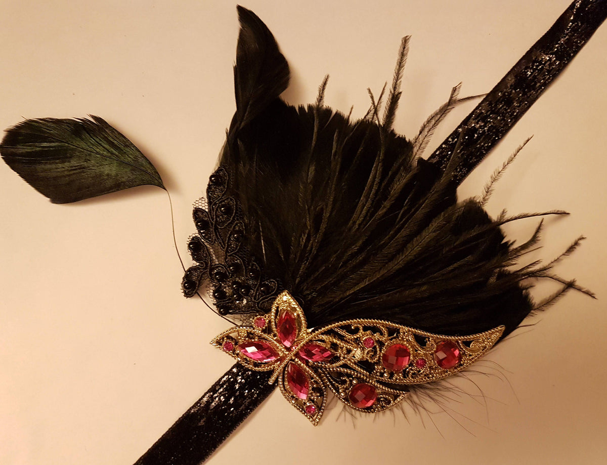 Gatsby Headband, 1920s Flapper Headpiece, 1920s 40s boho headband, Black, Blue,Clear,Pink,Purple,Champagne Crystal Gatsby Feather Headband