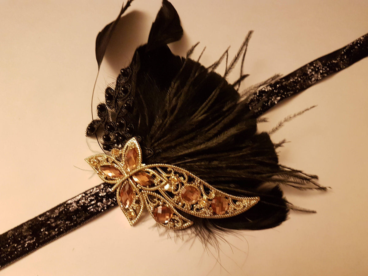Gatsby Headband, 1920s Flapper Headpiece, 1920s 40s boho headband, Black, Blue,Clear,Pink,Purple,Champagne Crystal Gatsby Feather Headband