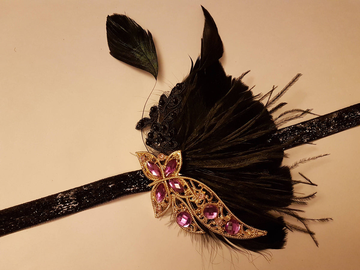 Gatsby Headband, 1920s Flapper Headpiece, 1920s 40s boho headband, Black, Blue,Clear,Pink,Purple,Champagne Crystal Gatsby Feather Headband