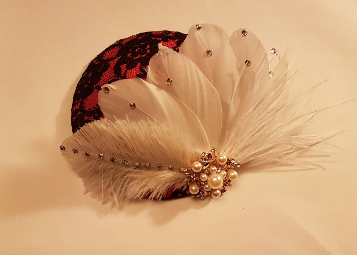 Red & Black Feather Fascinator Hat, Pearl Rhinestone Headpiece