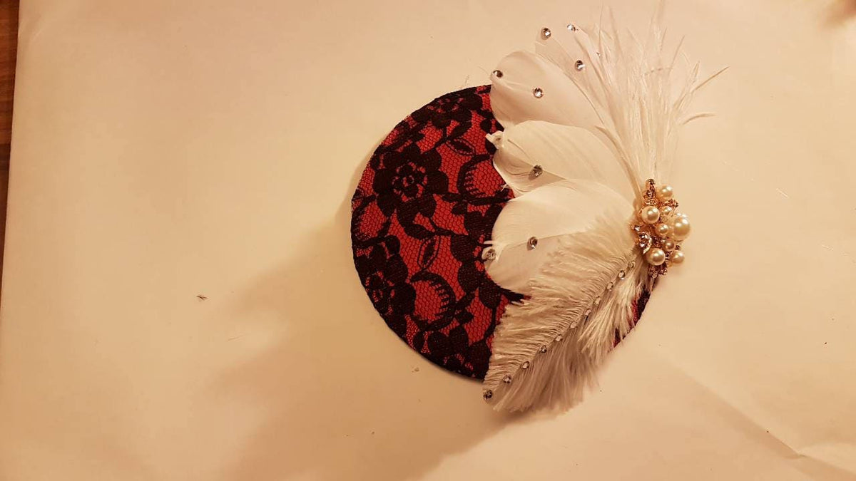 Red & Black Feather Fascinator Hat, Pearl Rhinestone Headpiece