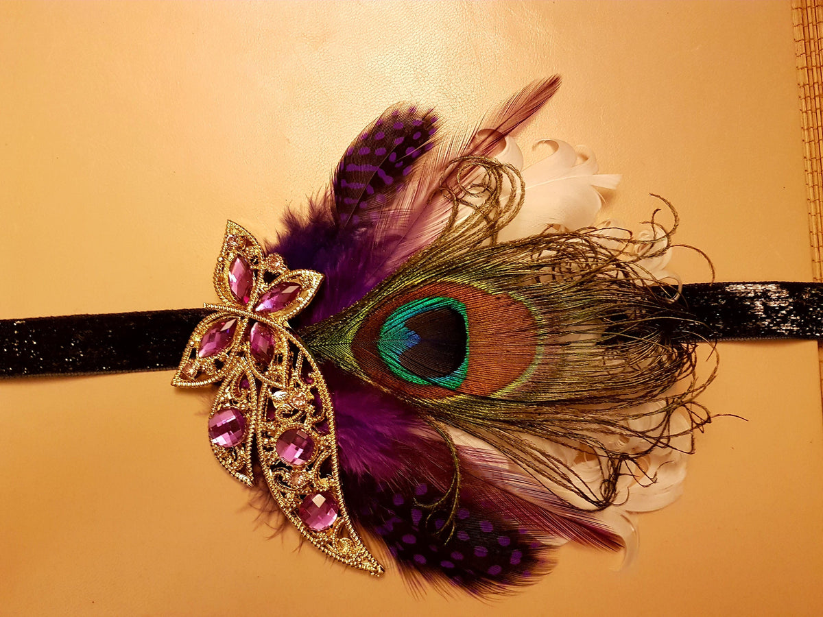 Gatsby Headband, Peacock feather Headband #1920s Flapper Headpiece Bridal wedding fascinator, Purple feather and crystal boho headband