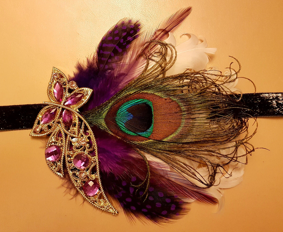 Gatsby Headband, Peacock feather Headband #1920s Flapper Headpiece Bridal wedding fascinator, Purple feather and crystal boho headband