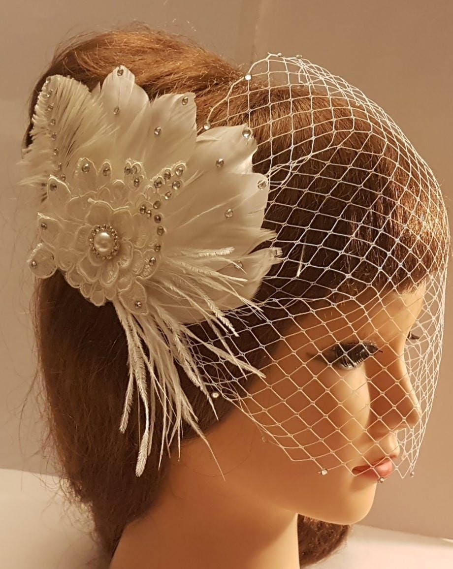 Birdcage veil with feather fascinator.