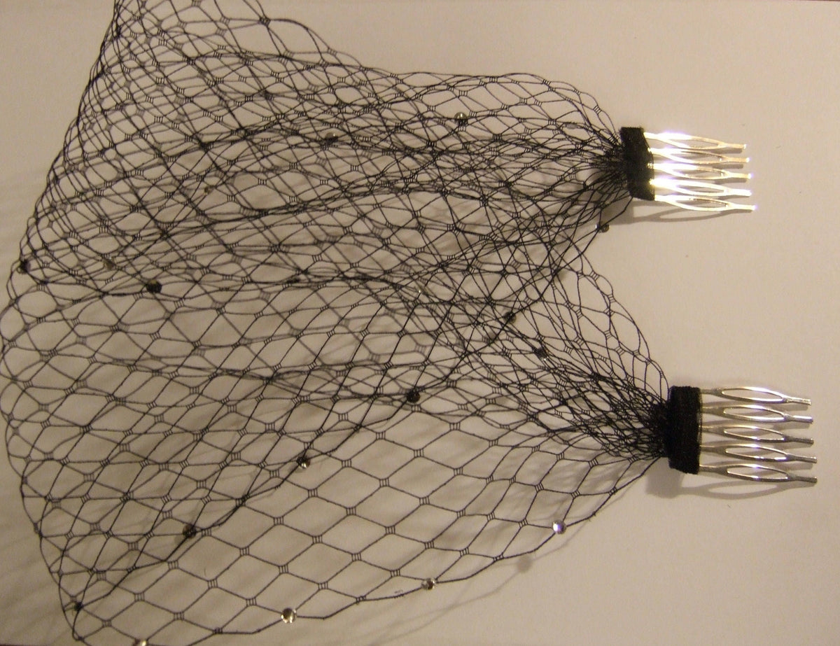 Black birdcage veil with silver combs and rhinestones