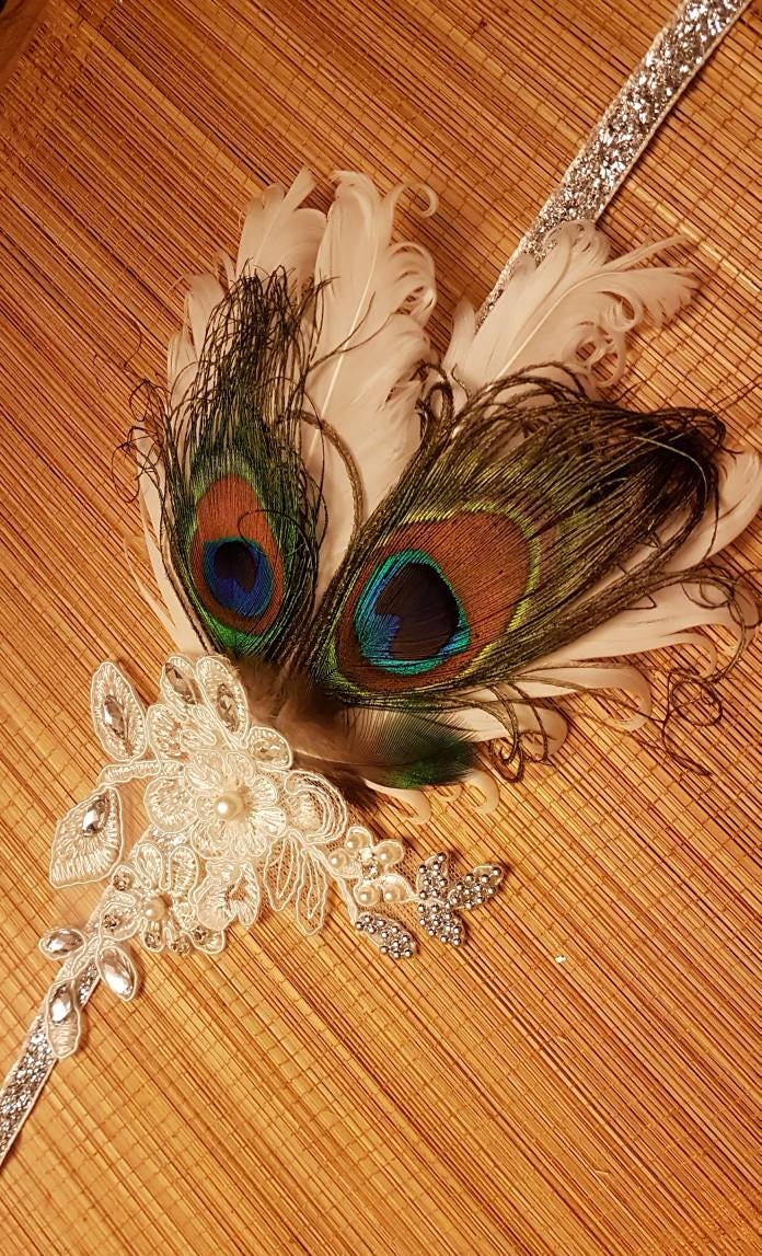 Bandeau Gatsby, bandeau en plumes de paon # coiffe à clapet des années 1920 # fascinateur de mariage, bandeau bohème scintillant en perles de cristal des années 1920