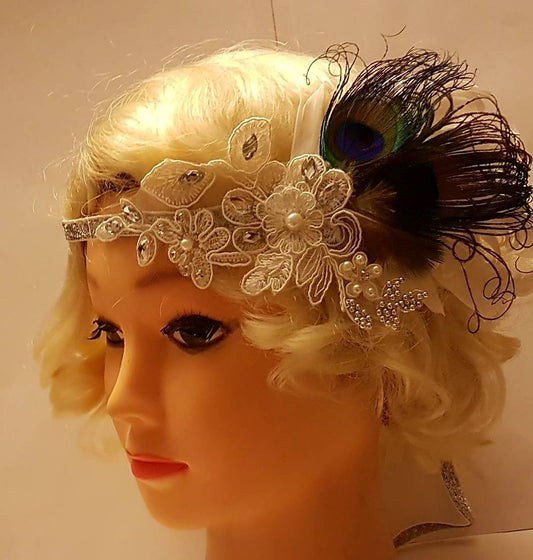 Gatsby Headband, Peacock feather Headband #1920s Flapper Headpiece #Bridal wedding fascinator,Crystal Beaded 1920s sparkly boho headband