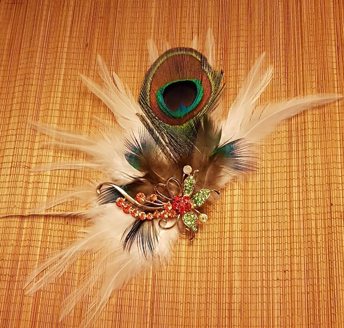 Bridal Peacock Feather Fascinator, Crystal Rhinestone Hair Clip