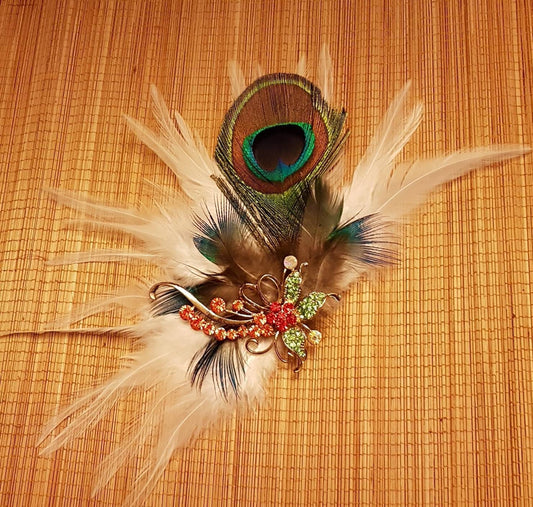 Bridal Peacock Feather Fascinator, Crystal Rhinestone Hair Clip