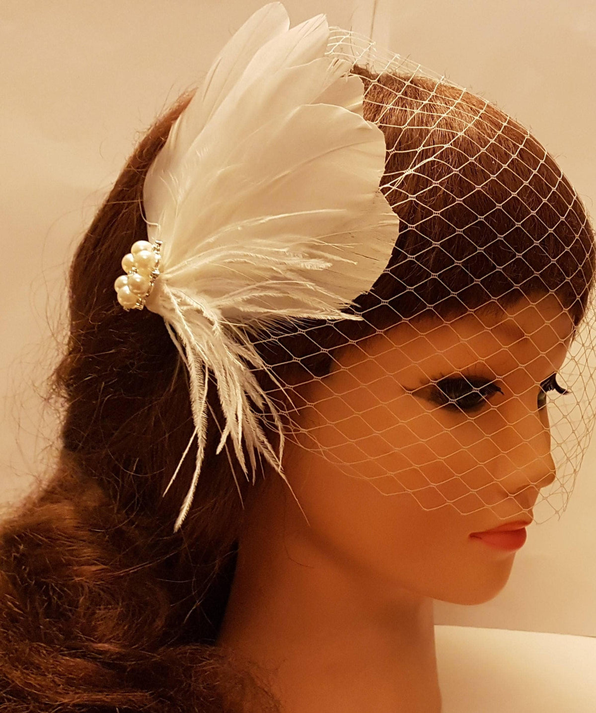 Bridal Feather Fascinator: Gold Tone Pearl Hair Clip
