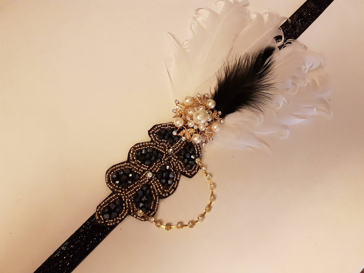 Gatsby Headband, 1920s Flapper Headpiece,Crystal Bead Great Gatsby Headband, Vintage 1920s-40s sparkly headband, Gatsby black gold headband