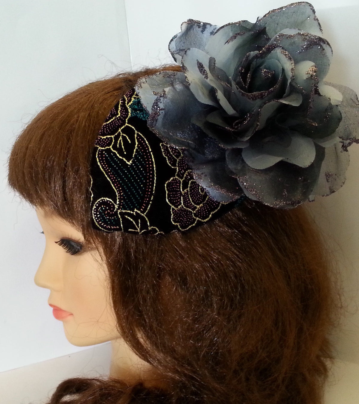 Black Velvet Teardrop Fascinator Hat, Silver Grey Flower, Ascot Race Hat