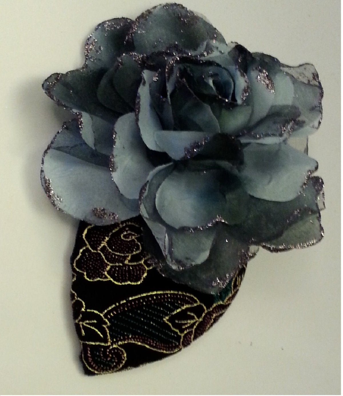 Black Velvet Teardrop Fascinator Hat, Silver Grey Flower, Ascot Race Hat