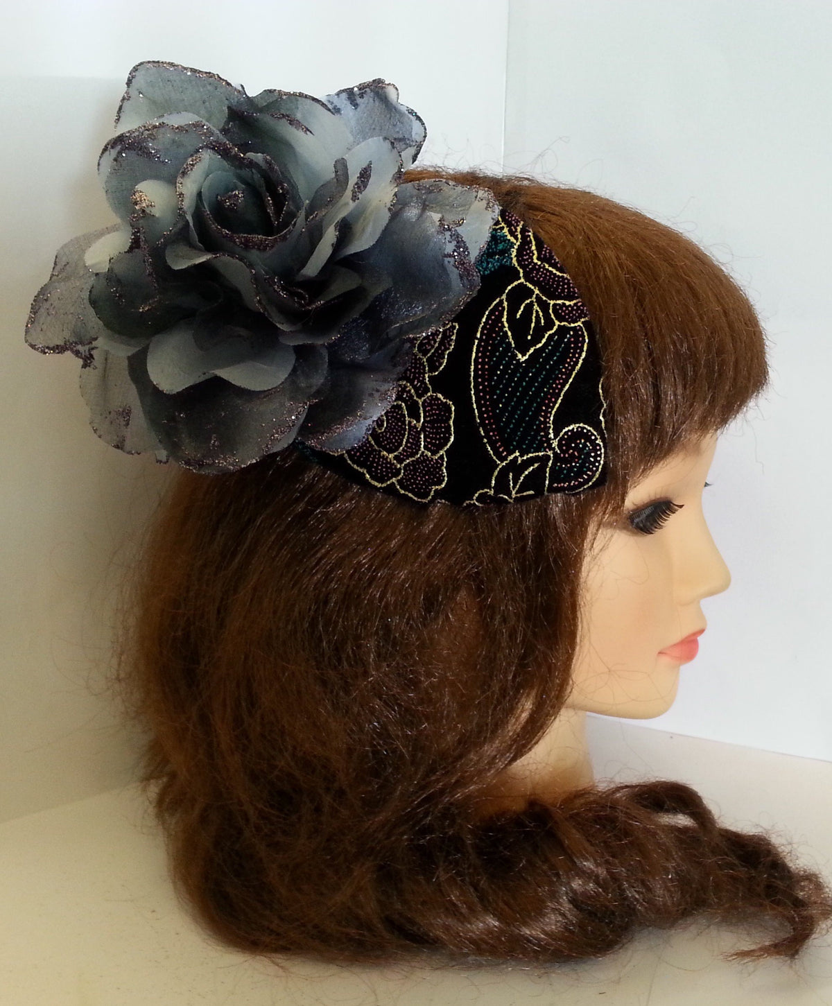 Black Velvet Teardrop Fascinator Hat, Silver Grey Flower, Ascot Race Hat