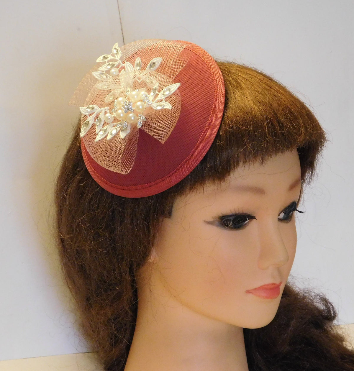 Pink Fascinator Hat: Crystal, Pearl & Bow Wedding Headpiece
