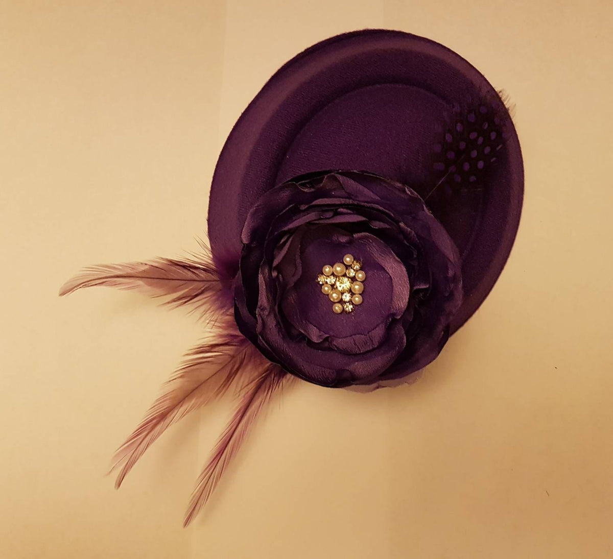 Purple Pillbox Hat Fascinator, Feather Flower, Ascot Headpiece