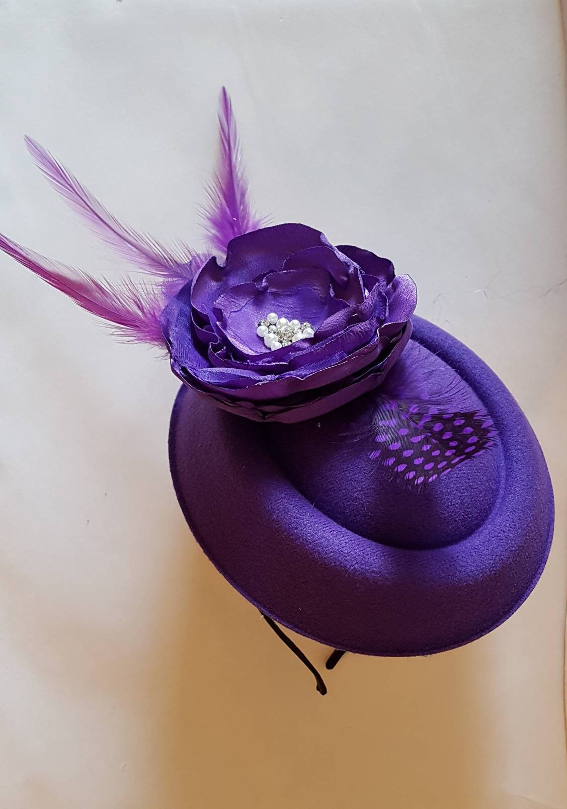 Purple Pillbox Hat Fascinator, Feather Flower, Ascot Headpiece