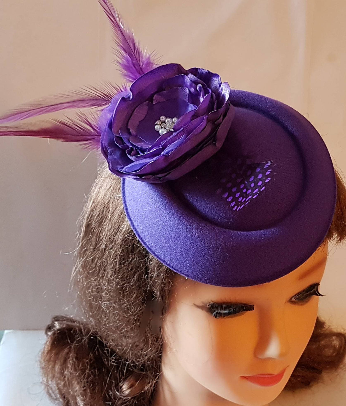 Purple Pillbox Hat Fascinator, Feather Flower, Ascot Headpiece