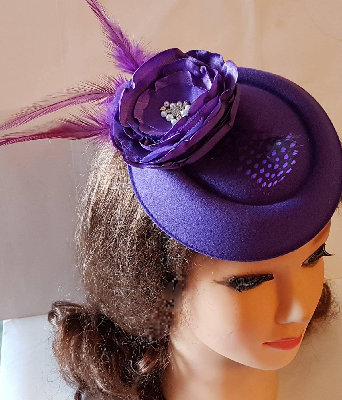 Purple Pillbox Hat Fascinator, Feather Flower, Ascot Headpiece