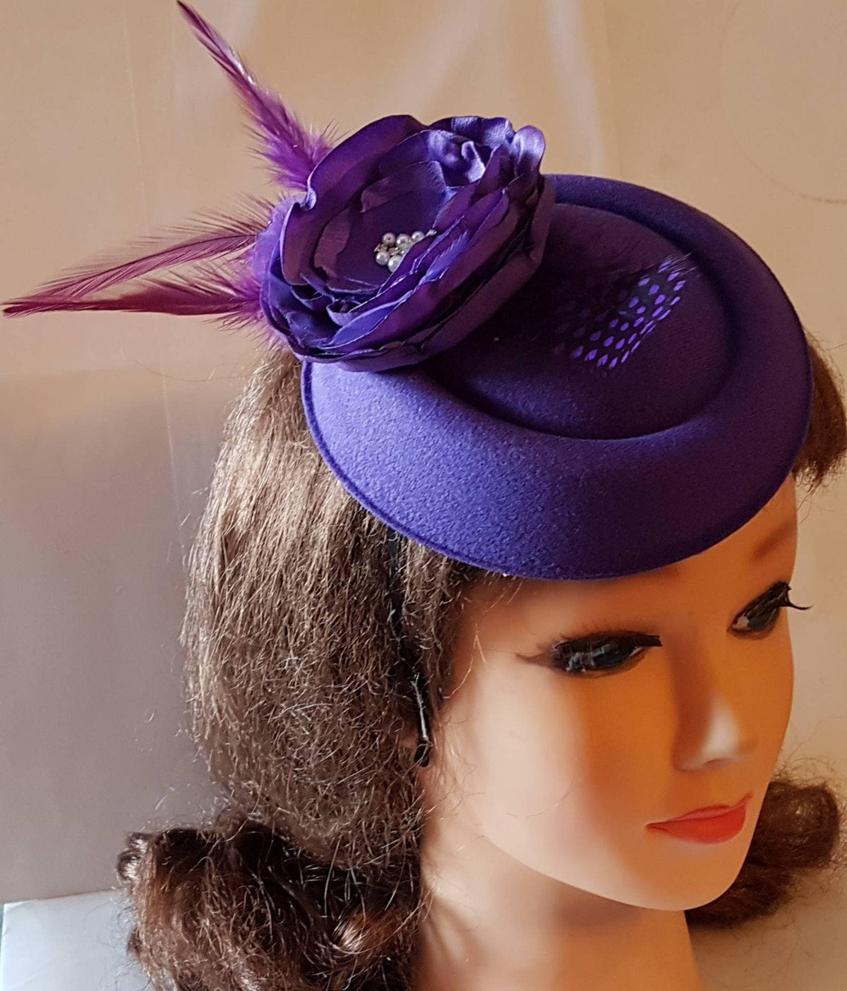 Purple Pillbox Hat Fascinator, Feather Flower, Ascot Headpiece