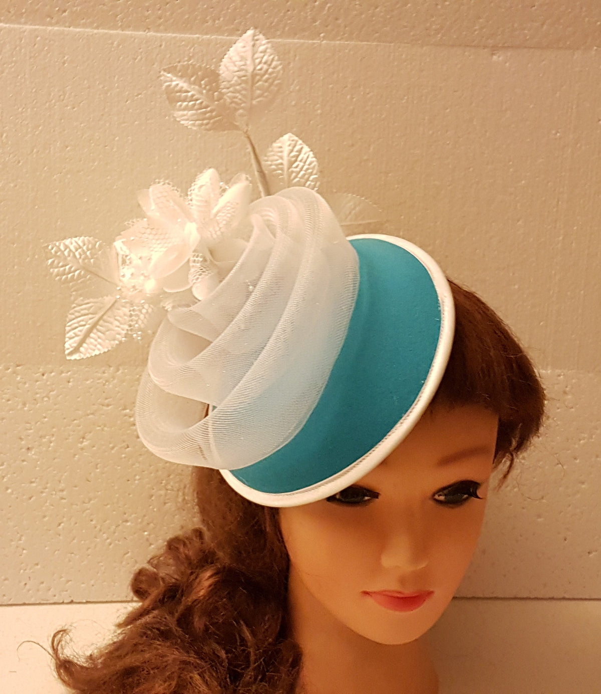 Blue Fascinator Hat, White Flowers, Ascot Race Wedding Headpiece