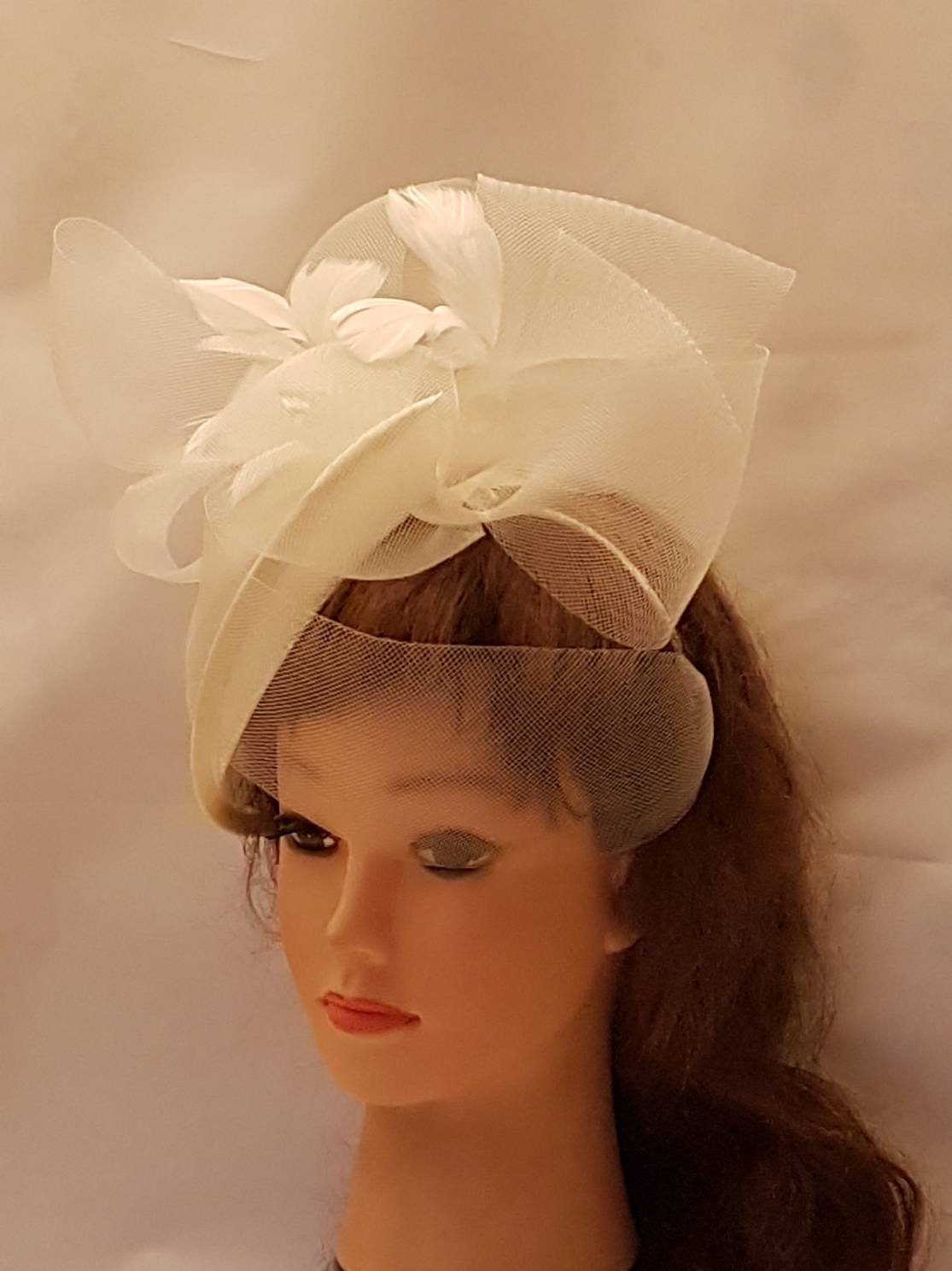 Ivory Hat fascinator #Ivory Wedding,Ascot hat fascinator,Cocktail,Christening Church Kentucky derby hat Feather fascinator Bridal fascinator