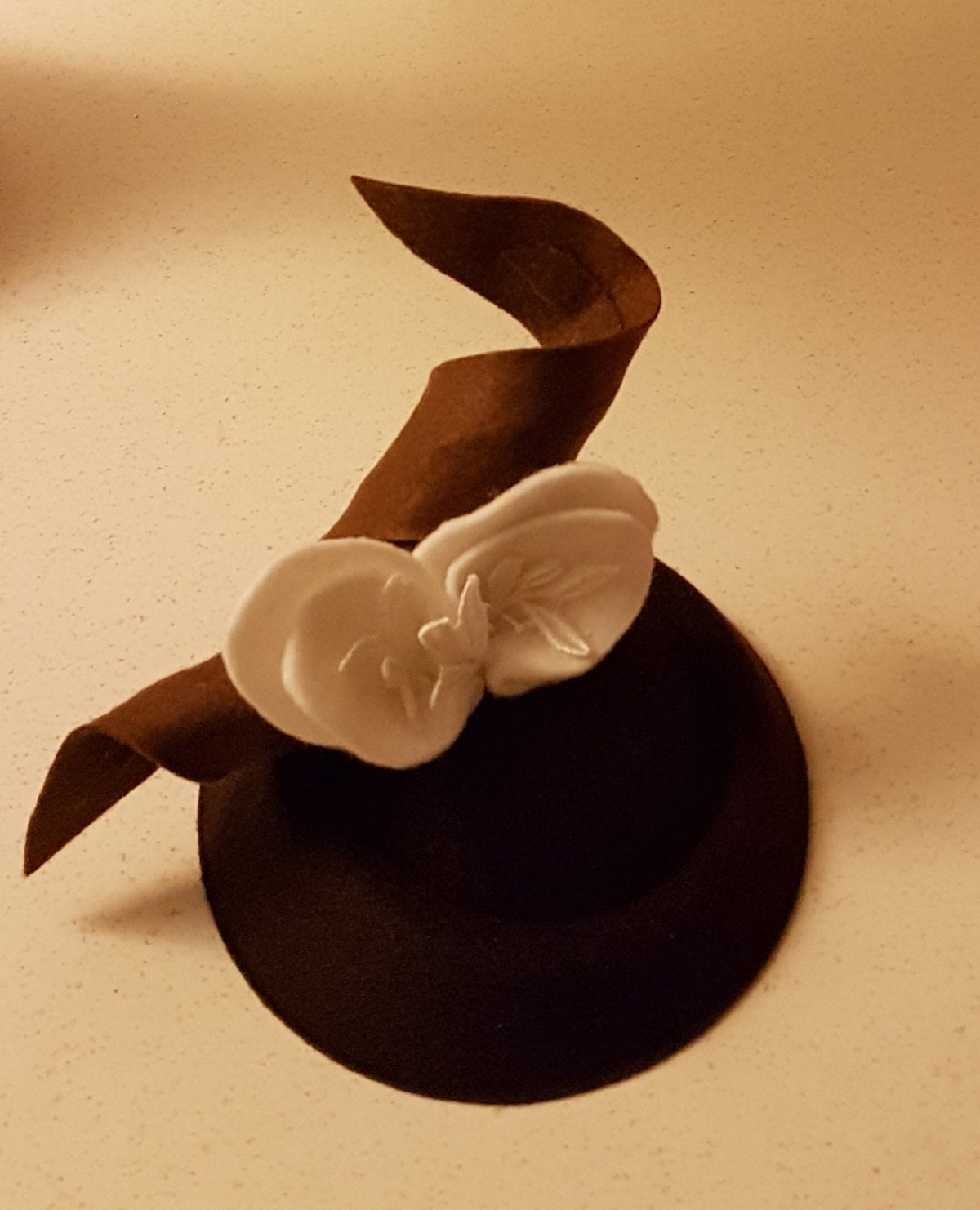 Brown Hat Fascinator, White Felt Leaves, Ascot Wedding Headpiece