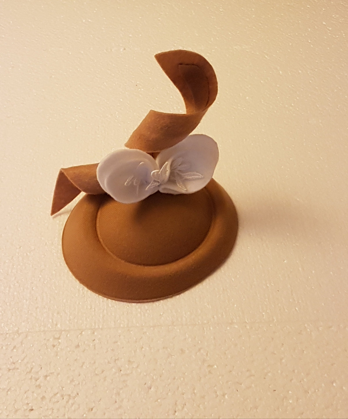 Tan Fascinator Hat with White Felt Leaves, Wedding Ascot Headpiece