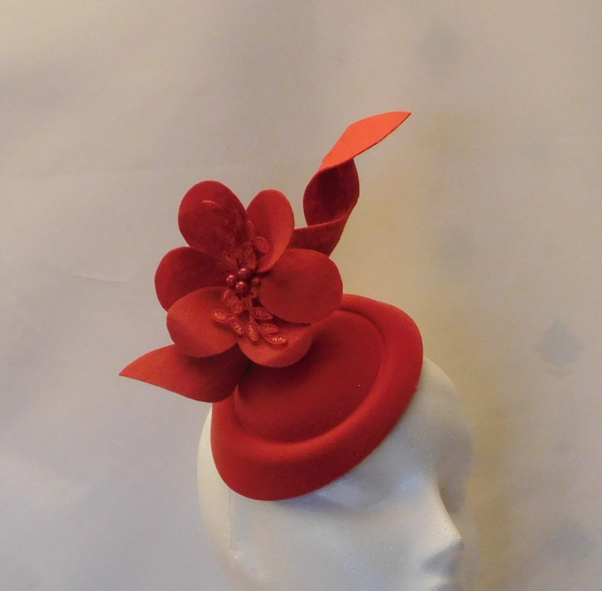 Red Felt Pillbox Fascinator Hat: Flower Accent, Races Headpiece