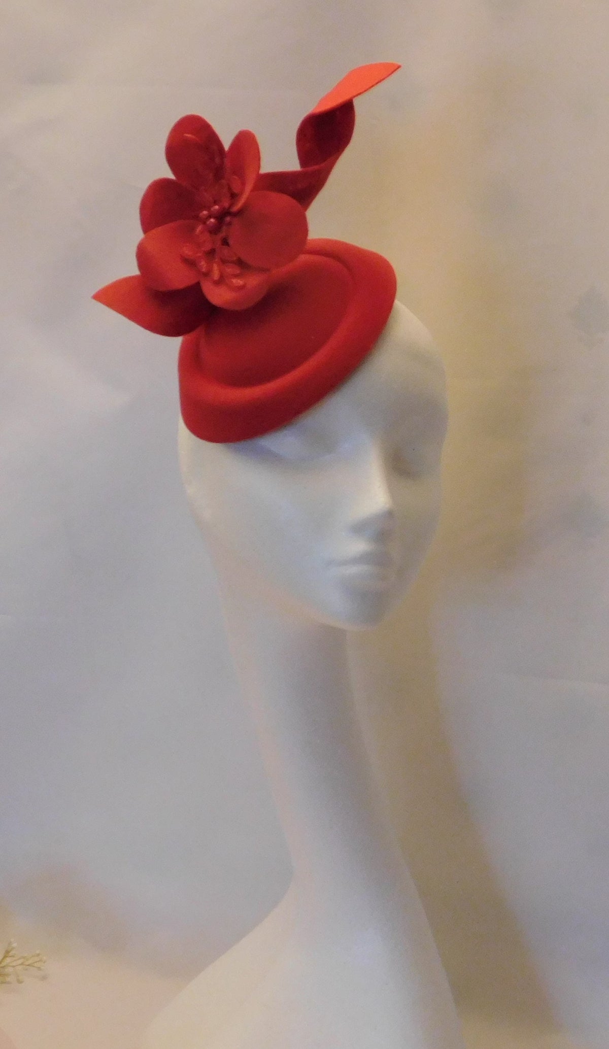 Red Felt Pillbox Fascinator Hat: Flower Accent, Races Headpiece