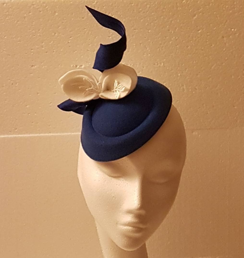 Navy Blue Fascinator Hat: White Felt Leaves, Ascot Races