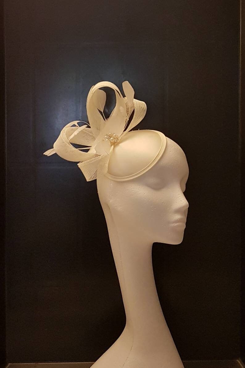 Ivory Sinamay Feather Fascinator: Derby, Wedding, Ascot Hat