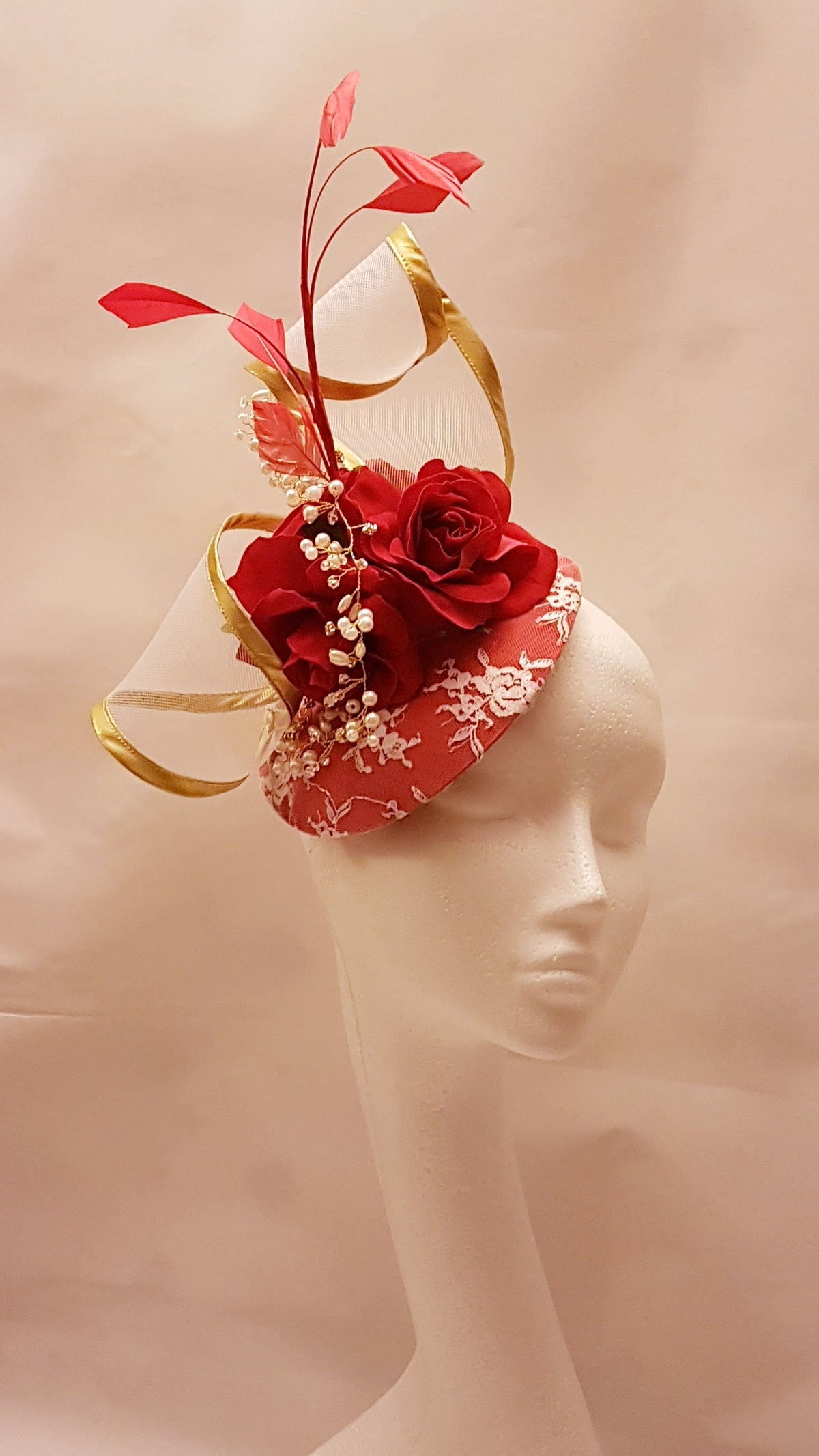 Red Rose Fascinator Hat, Gold Edge Swirl, Wedding Ascot Races
