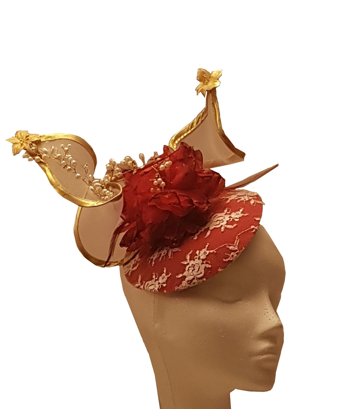 Red And GOld Fascinator hat, Wedding, Kentecy derby, Royal Ascot hat, RED Feather fascinator hat, GOLD edge Swirl  Ladies Hat with Crystal Pearl Vine