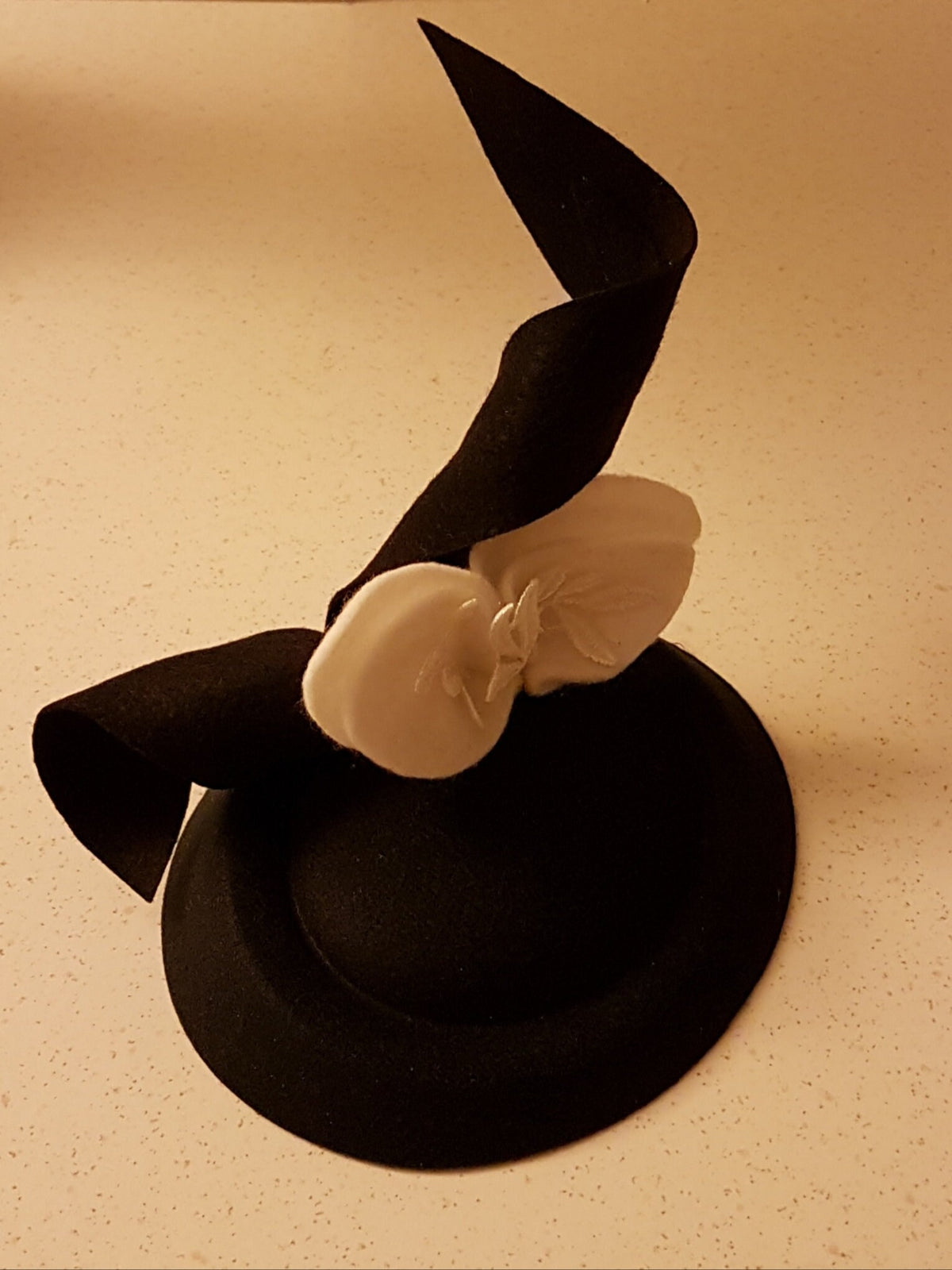 Black Felt Pillbox Hat Fascinator, White Felt Leaves, Ascot, Wedding custom colour