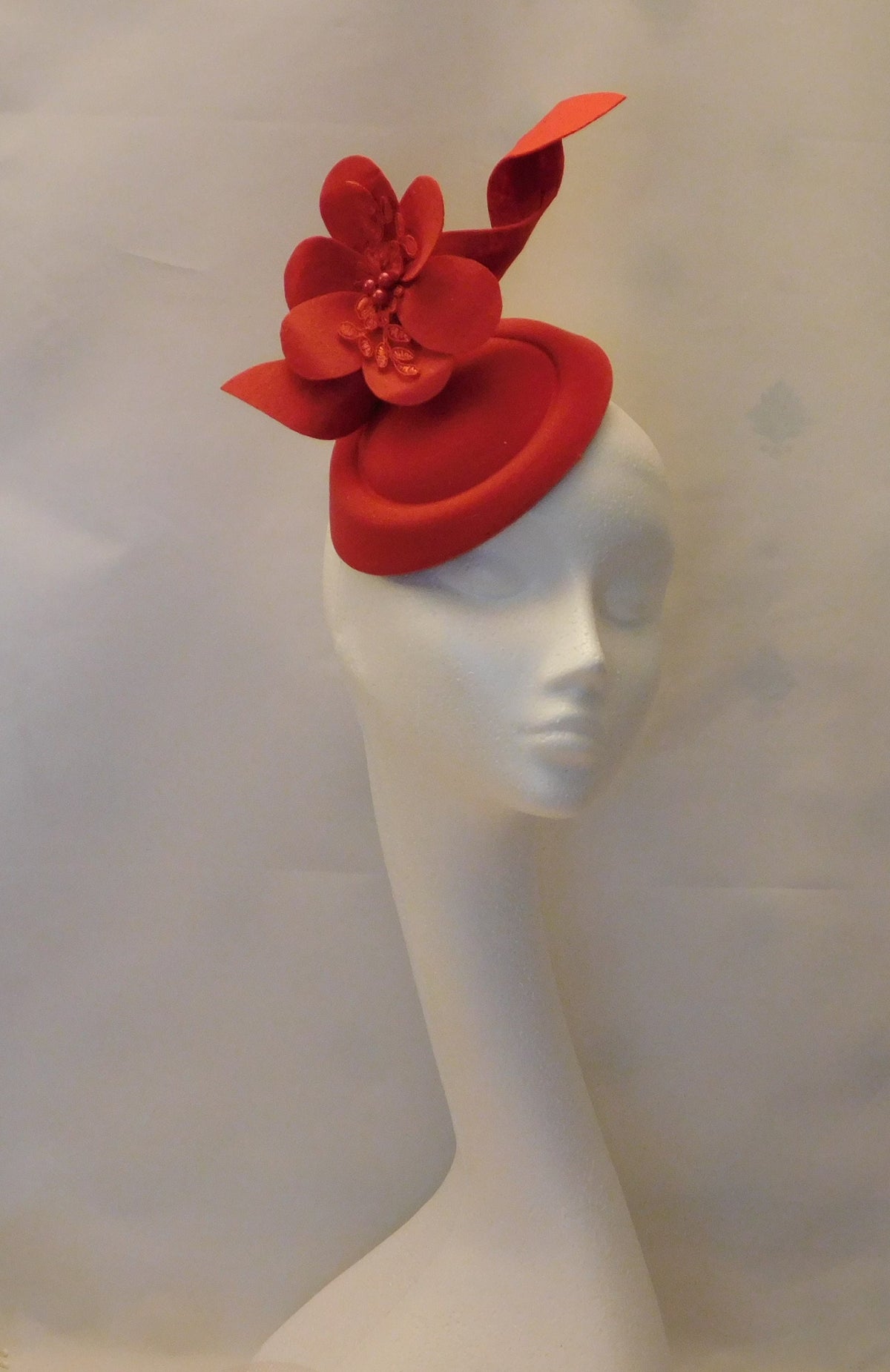 Red Felt Pillbox Fascinator Hat: Flower Accent, Races Headpiece