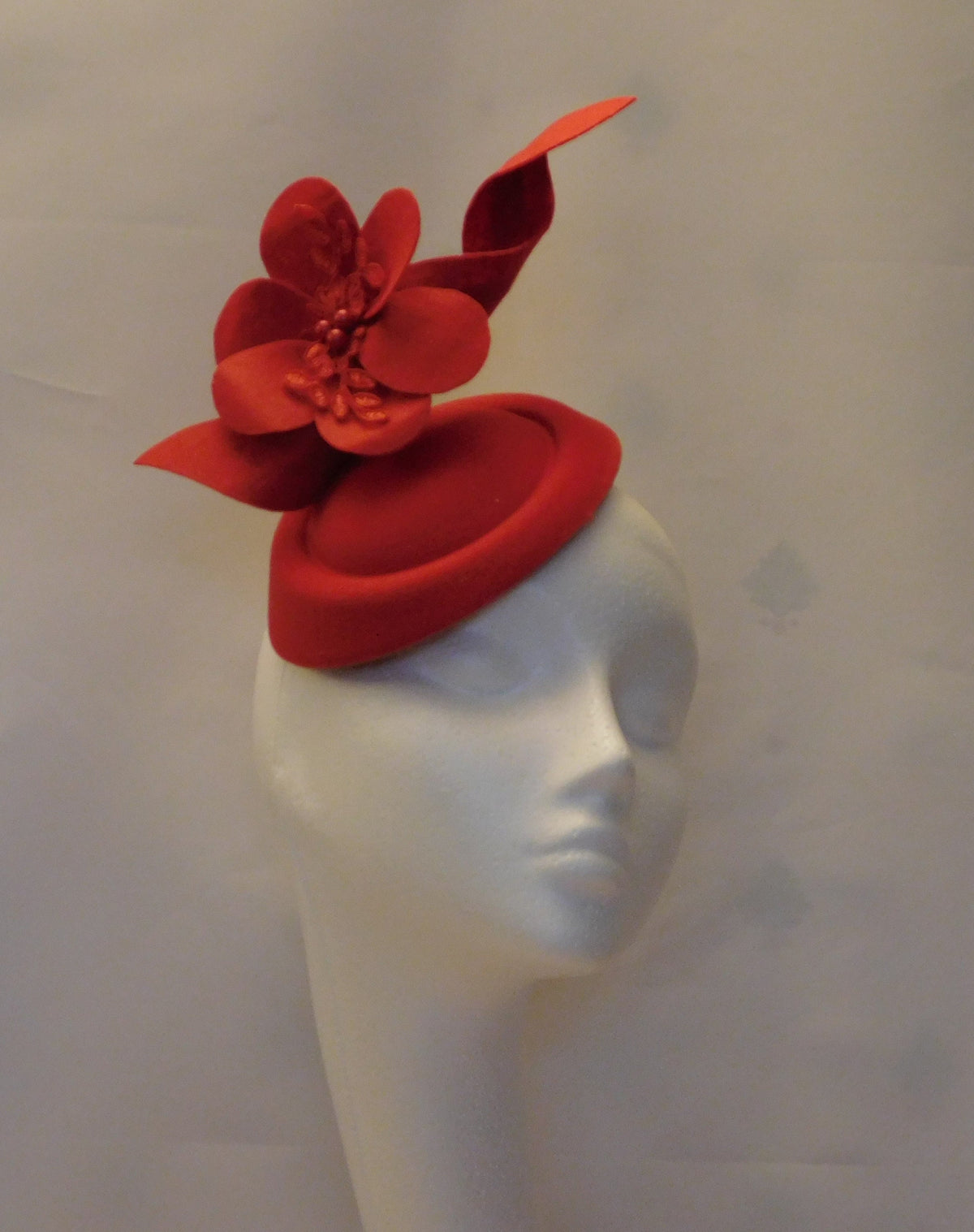Red Felt Pillbox Fascinator Hat: Flower Accent, Races Headpiece
