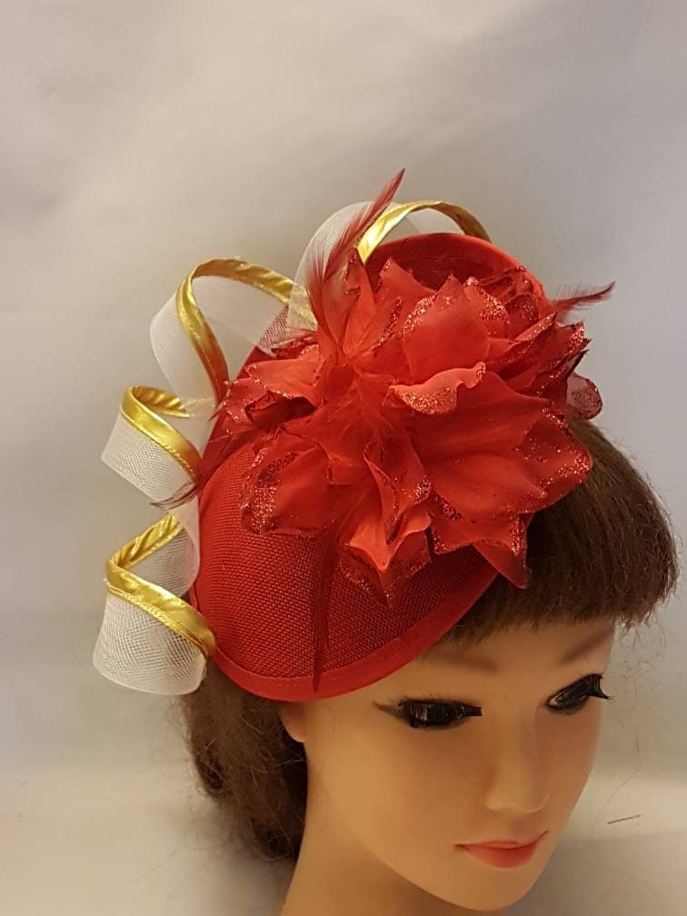 RED HAT Fascinator,#RED Hat Fascinator,Wedding Church Hat,Fascinator Hat,Goodwood Cocktail Ascot Hat Feather Hat Fascinator Gold edge Swirl