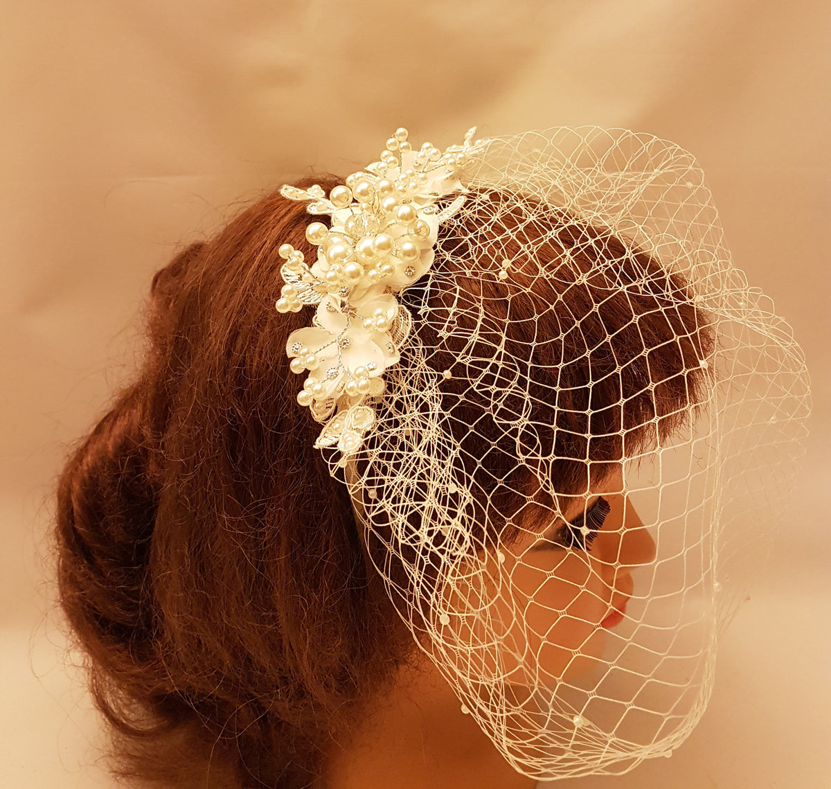 Birdcage Veil - White Ivory Bridal short veil with Crystal Pearl Fascinator